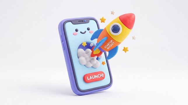 3D rocket launching from smartphone screen for business startup concept