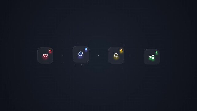 Glowing futuristic UI icons set in dark mode with neon light effects, custom quick action navigation menu elements