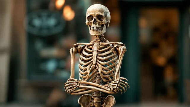 Full-body skeleton prop at store entrance