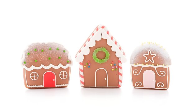 Colorful gingerbread house decorations with candy and icing.