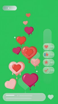 Colorful Hearts and Icons on Green Background.