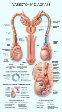Detailed medical illustration showing the male reproductive system anatomy and the surgical process of a vasectomy with descriptive text labels