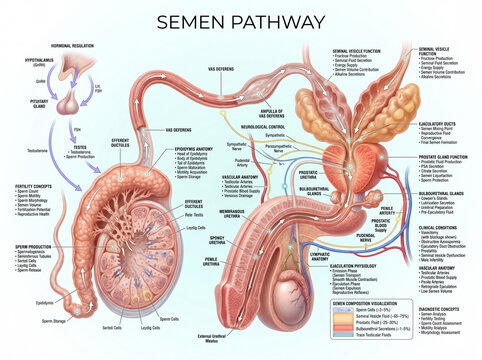 Detailed medical illustration showing the male reproductive system and the physiological pathway of semen production and ejaculation for educational purposes