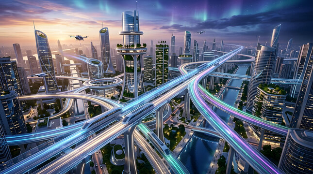 Bustling futuristic smart city with multilevel highway interchanges high speed trains and towering skyscrapers under aurora evening skies.