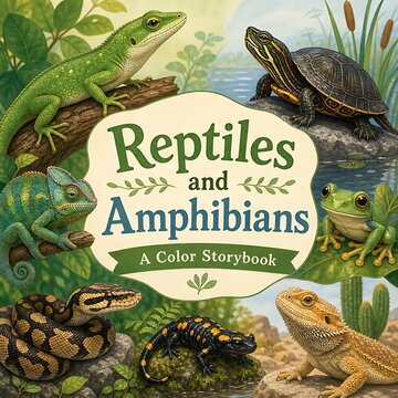 Colorful illustration of reptiles and amphibians in nature.
