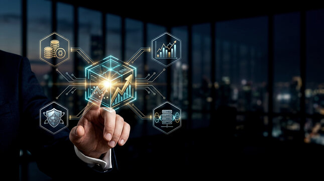 Businessman's hand interacts with glowing holographic quantum financial forecasting interface demonstrating Quantum Computing Progress in advanced market analysis within modern office at night