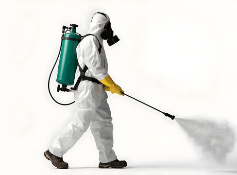 Professional in full protective gear meticulously applying disinfectant with a pressurized sprayer, ensuring comprehensive sanitization in a controlled environment