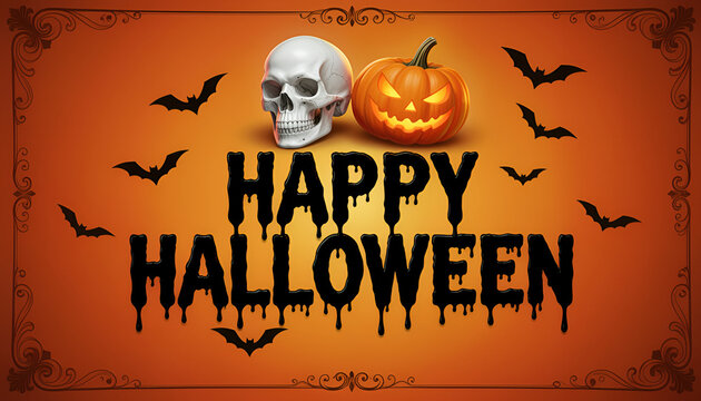 Happy halloween greeting card with a skull, a glowing jackolantern, and flying bats on an orange background with decorative vintage corners