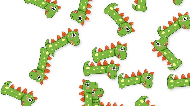 Cartoon Green Dinosaur Toys Falling Against a Solid White Background