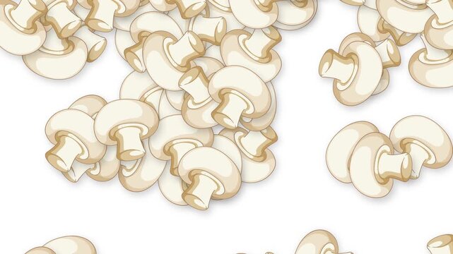 Falling White Button Mushrooms Animation on Clean White Background