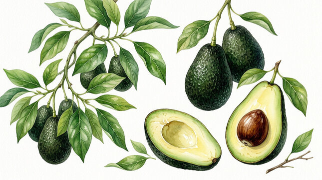 Detailed botanical watercolor illustration of fresh avocados with green leaves and avocado branches