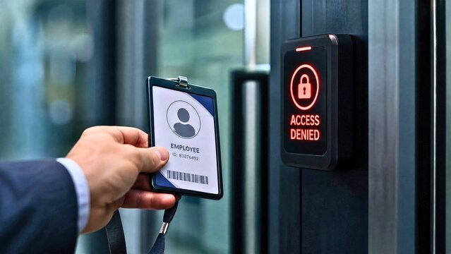 Access denied on security card reader for restricted entry, workplace authentication failure and building access control system