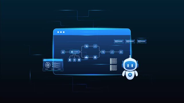 AI agent automation workflow interface with automation pipeline, coding and digital machine learning, looped animation