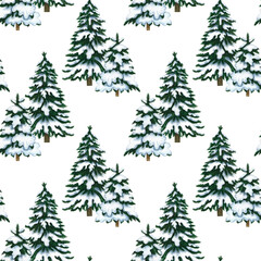 Obraz premium Seamless pattern of snowy Christmas trees. Hand-drawn watercolor illustration. Perfect for Christmas packaging, seasonal holiday prints, textiles, wallpaper, tablecloths, and more.