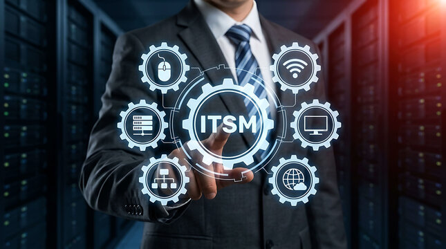 IT service management ITSM concept businessman pointing virtual gear icons server room background