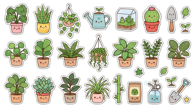 Collection of cute green potted house plants and gardening tools