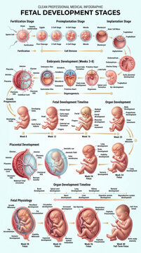 Detailed educational medical infographic illustrating the complex biological stages of human fetal development from initial fertilization until full term birth