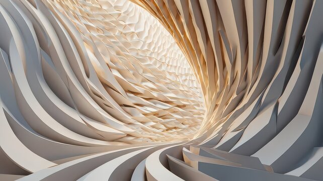 Architecture characterized by a spiraling tunnel of layered panels creates a dynamic sense of movement and depth that illustrates the intersection of sculptural art and functional large-scale.
