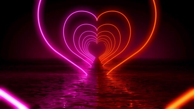 Tunnel of glowing neon hearts creates an endless, mesmerizing visual loop in vibrant colors.