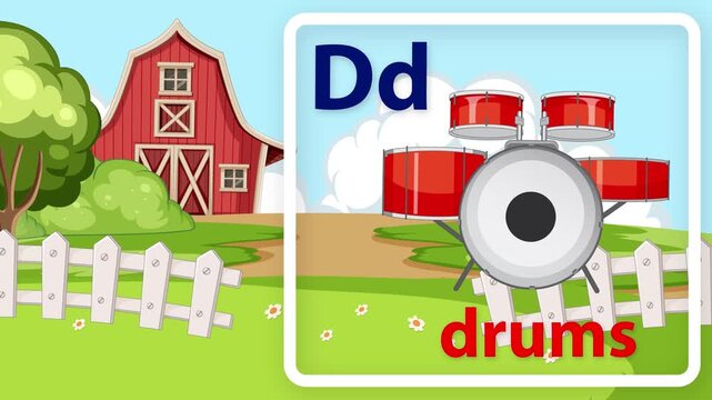Educational Alphabet Animation for Letter D with Drums and Farm Background