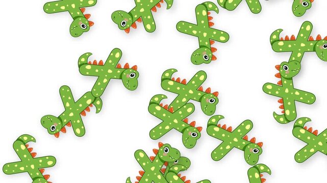 Cartoon Green Dinosaur Toys Falling Against a Plain White Background