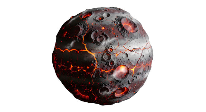 Hot lava asteroid or volcanic planet with craters and glowing magma isolated on white background