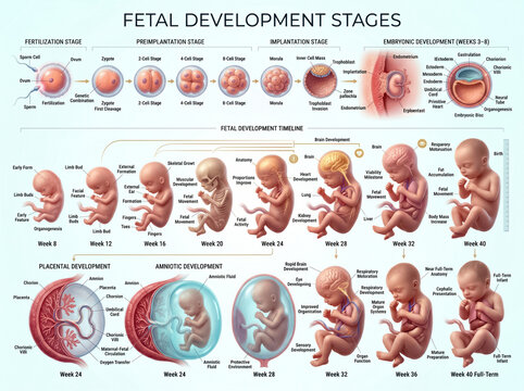 Detailed medical educational poster showing the complete biological timeline of human fetal development stages from early fertilization until successful birth