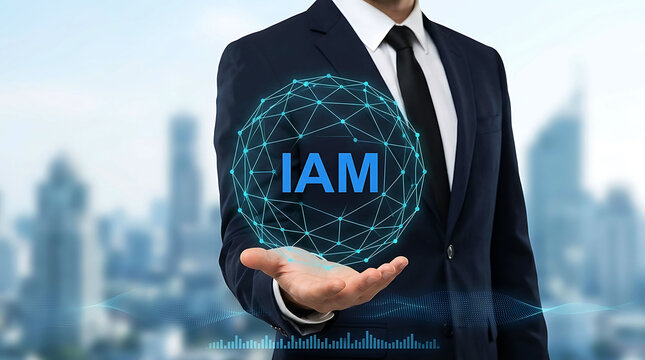 Businessman holding IAM identity access management digital mesh icon corporate security
