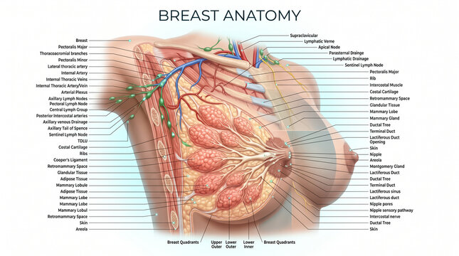 Detailed medical illustration showing human breast anatomy including glandular tissue lymph nodes arterial pathways and various duct structures for educational purposes