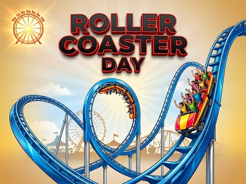 Exciting colorful roller coaster ride with happy thrill seekers enjoying a fun amusement park adventure
