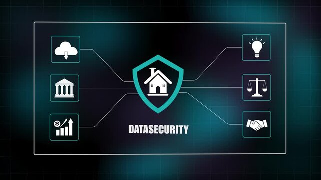 Real estate data security system animation, digital home protection technology concept, abstract business finance network background loop.