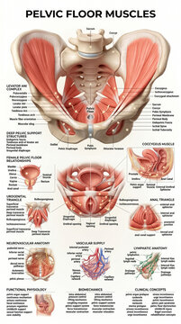 Detailed medical illustration showing human pelvic floor muscles and anatomy with educational labels on a clean white background for study