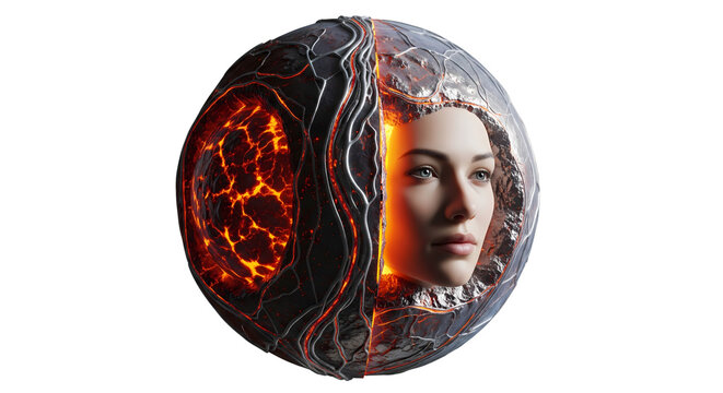 Futuristic sphere with glowing magma and a realistic human face representing artificial intelligence