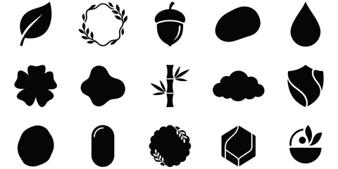 A collection of various organic shapes and natural elements including leaves bamboo acorn and abstract silhouettes presented as a set of flat black vector icons © MDSharif