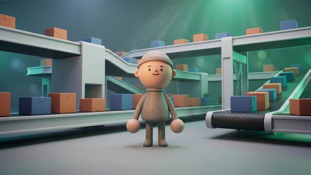 コンベアベルトの自動仕分けシステムと微笑むクレイ製マスコットの3Dレンダリング