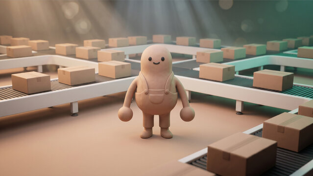 コンベアベルトの自動仕分けシステムと微笑むクレイ製マスコットの3Dレンダリング