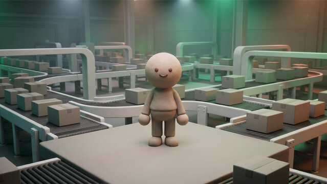 コンベアベルトの自動仕分けシステムと微笑むクレイ製マスコットの3Dレンダリング