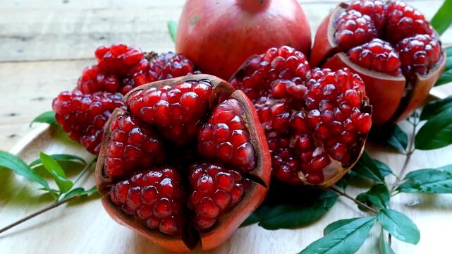Ripe Cut Pomegranates with Red Seeds on Wood Background with Green Leaves