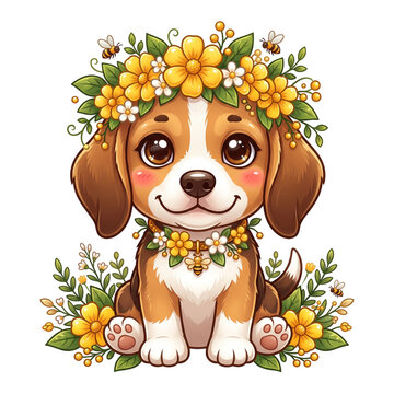 Cute Beagle Puppy with Floral Crown Vector Illustration isolated on white background