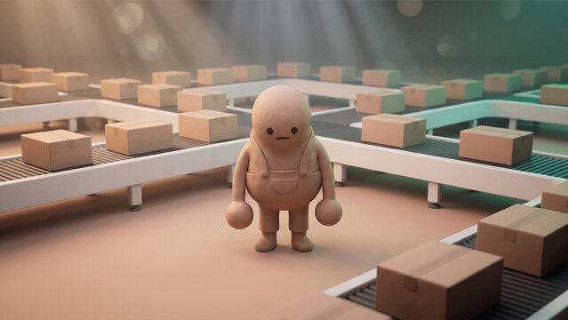 自動仕分けシステムの中で重そうにうなだれるマットな質感のクレイ製ヒューマノイドマスコット