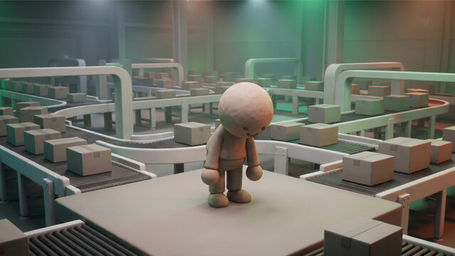 自動仕分けシステムの中で重そうにうなだれるマットな質感のクレイ製ヒューマノイドマスコット
