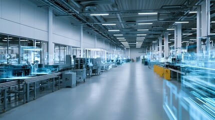 Fototapeta premium A modern factory interior showcasing industrial hinery along a long corridor under bright lighting