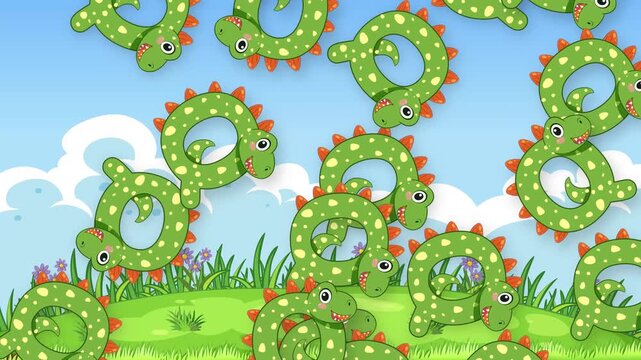 Cartoon Green Dinosaurs Falling on Grassy Hill Background