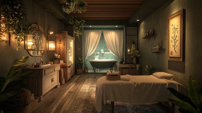 Tranquil spa interior with massage table, bathtub, and plants