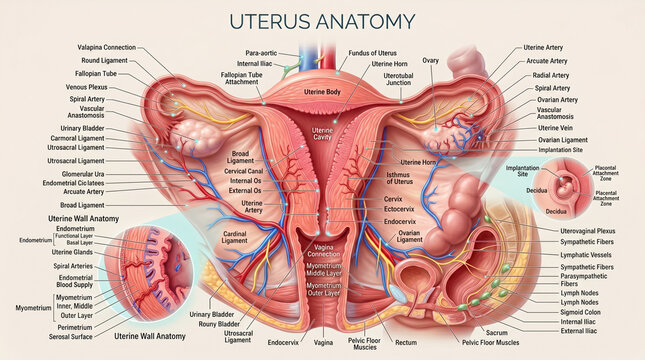 Detailed medical illustration showing the complex human uterine anatomy with labeled structures including the ovaries fallopian tubes and uterine cavity