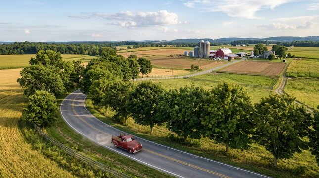 Scenic Countryside Drive Past Farm Fields and Red Barn.