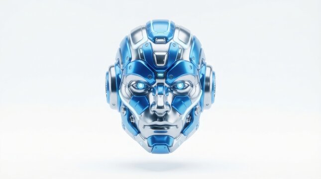 3D render of metallic chrome robot head with reflective surface