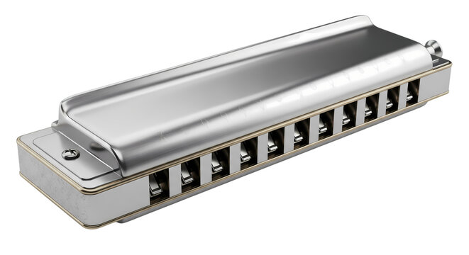 Shiny silver chromatic harmonica musical instrument isolated on white background