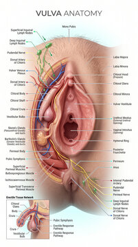 Detailed medical illustration showing the complex human vulva anatomy with labeled structures including muscles nerves and various internal glands