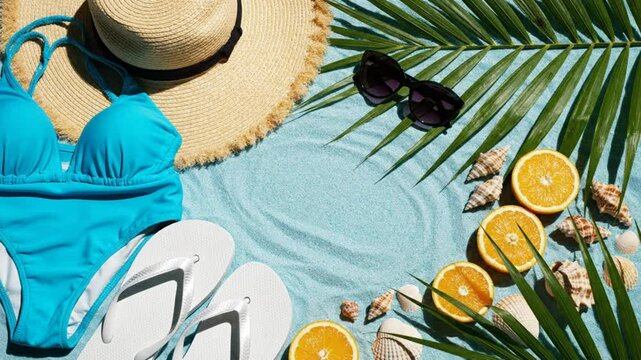 Beach vacation items arranged on a light blue sandy surface with bikini, sunglasses, and orange slices